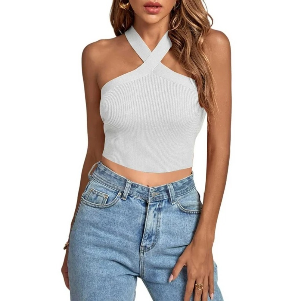 Zara Cream Ribbed Knit Cross-Front Tank – Size S